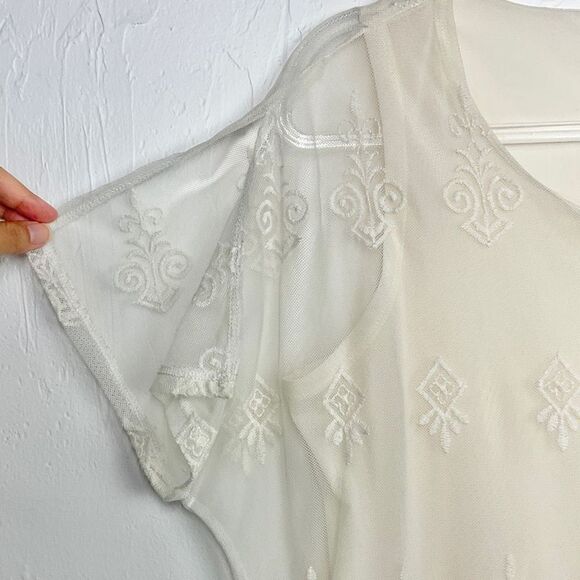 Chico’s Off White Mesh Lace Layered Short Sleeve Top Medium - Picture 2 of 6